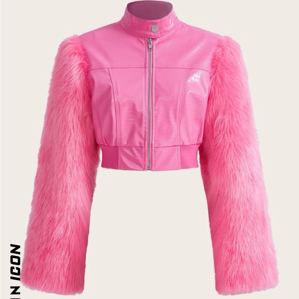 Shein ICON  Fuzzy Sleeve Zip Up Jacket M/6